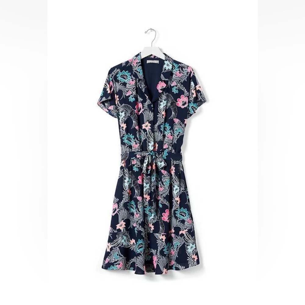 Banana Republic Short Sleeve Shirt Dress Tropical Floral Bird Print Navy 12 EUC - Picture 6 of 16